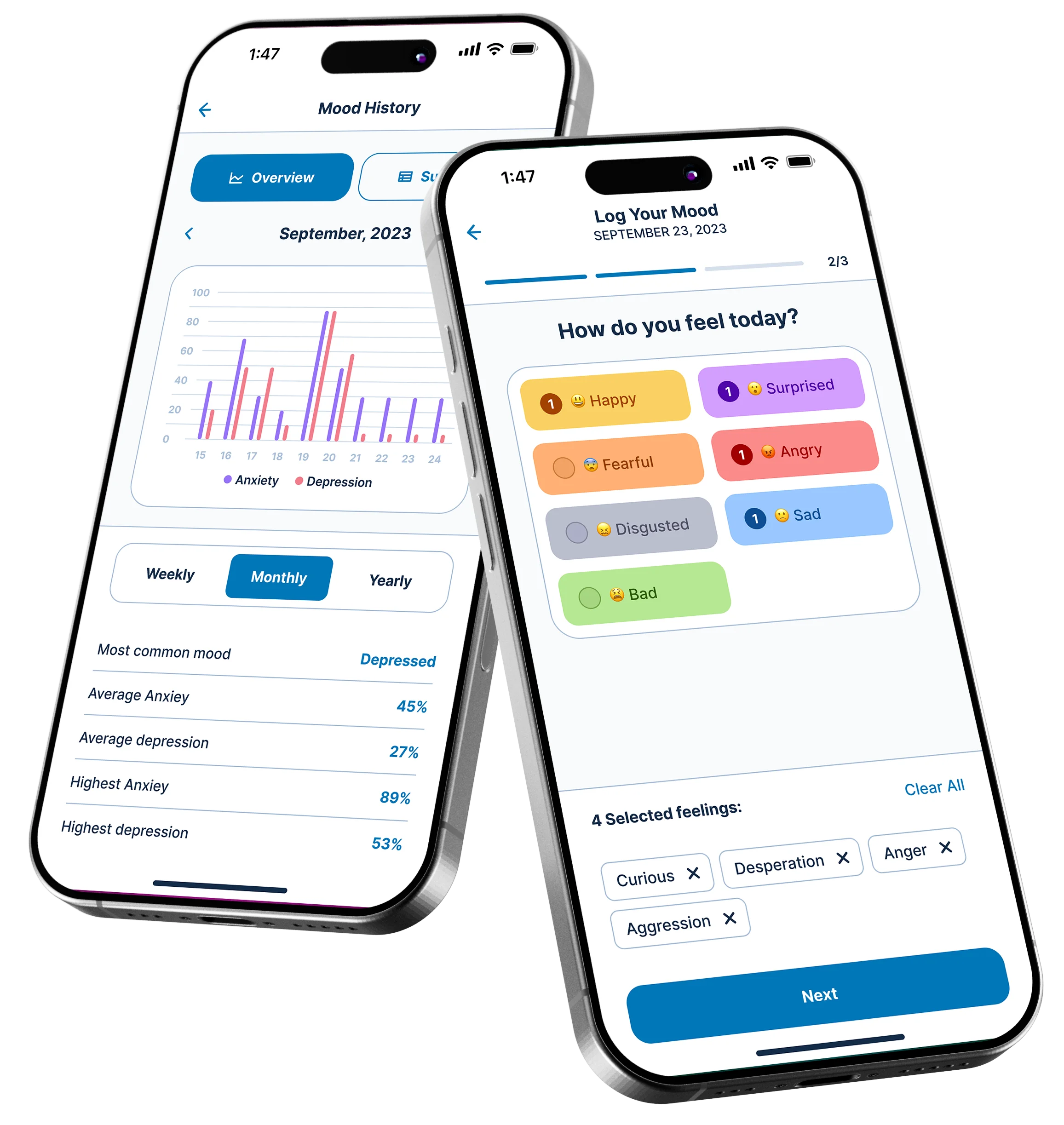 Mood Tracker app screens showing the daily logging and mood insights experience
