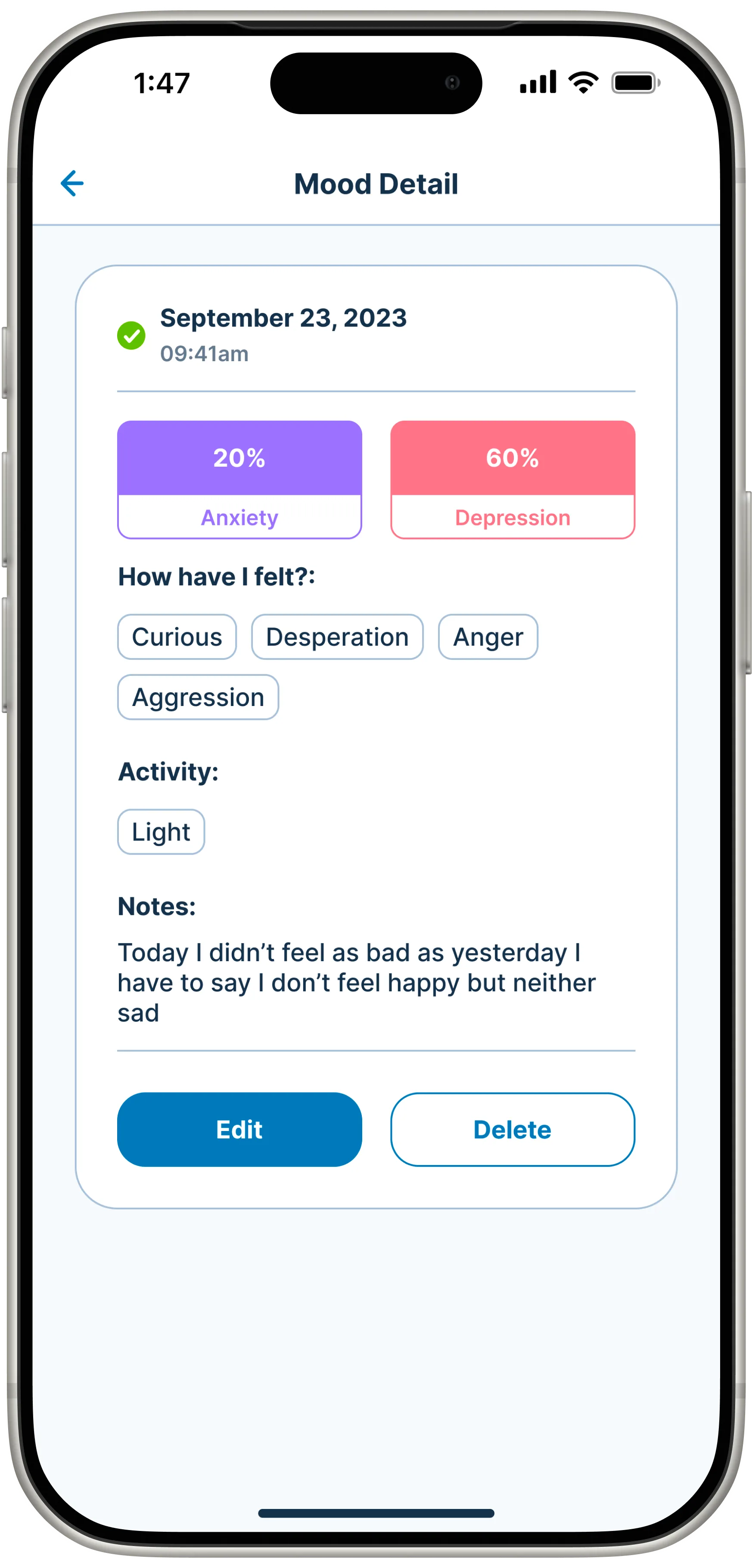 Mood Tracker daily check-in screen