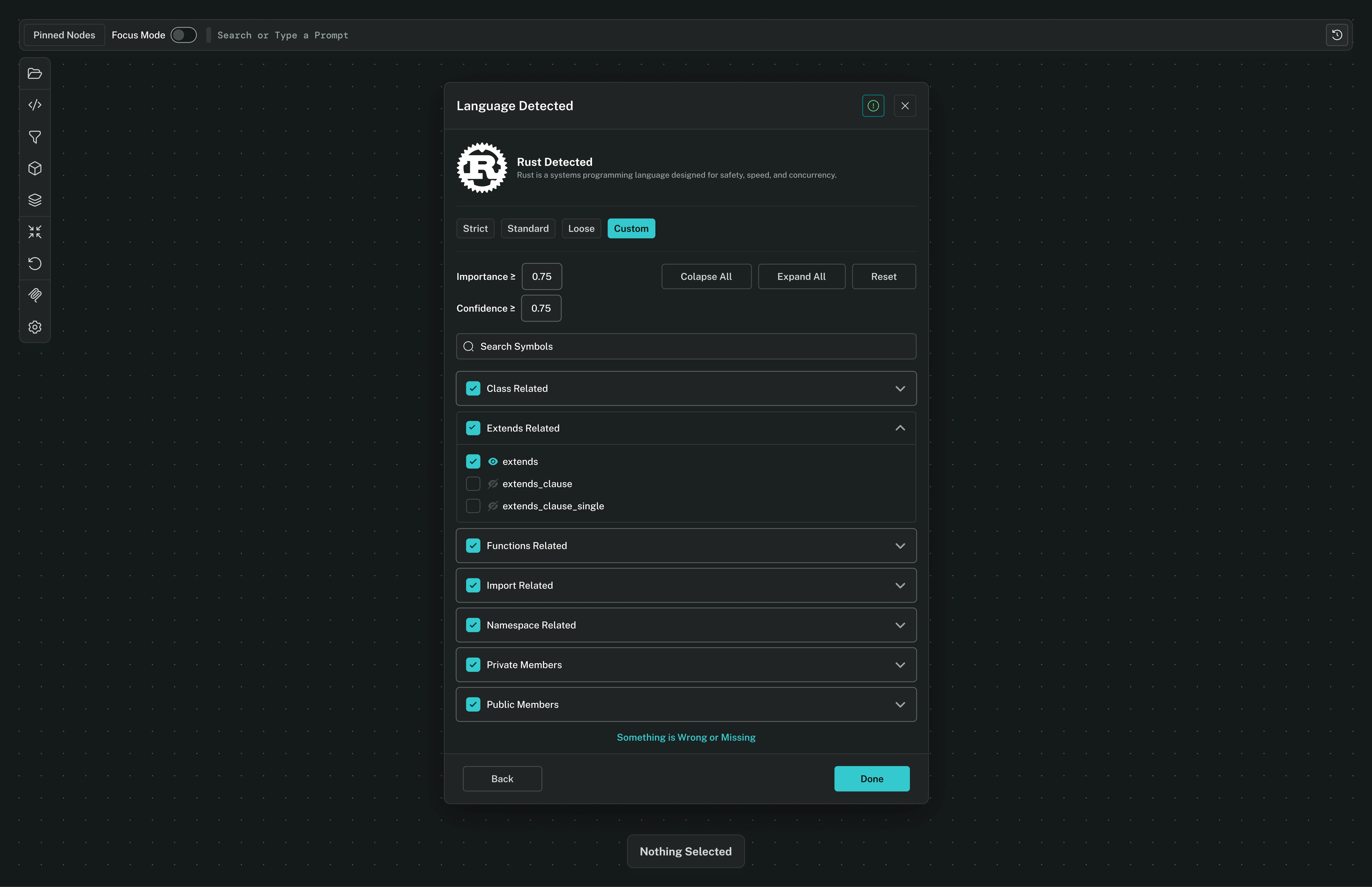 Modal de detección de lenguaje en Supermodel con Rust seleccionado y controles de filtro